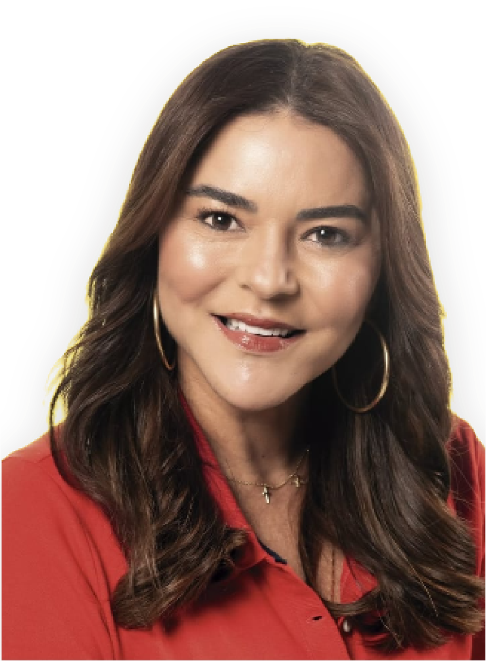 Janainna Marques sorrindo, de camisa vermelha